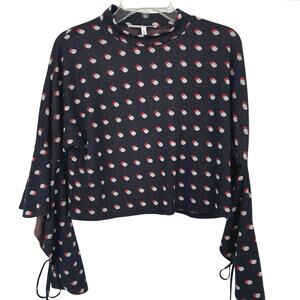 BCBG Women Cropped Flared Long Sleeve Knit Polka Dot Sweater Navy Blue Medium